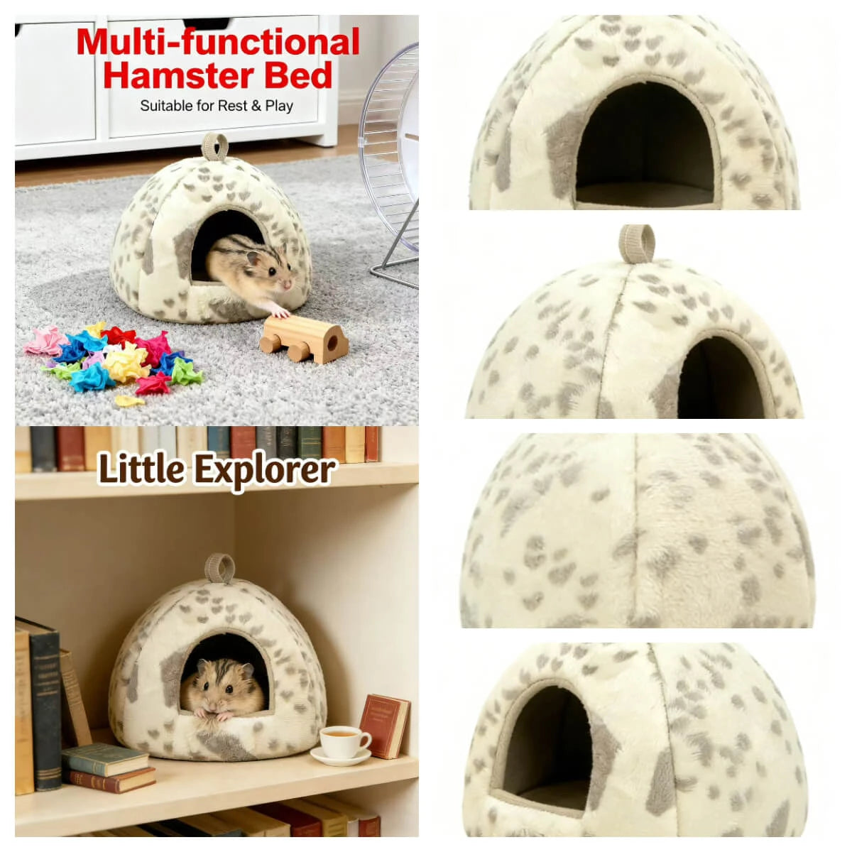 Comfortable Warm Hamster Nest For Dwarf/Syrian Hamsters - Plush, Heart Pattern, Hanging Loop (Beige-Gray)