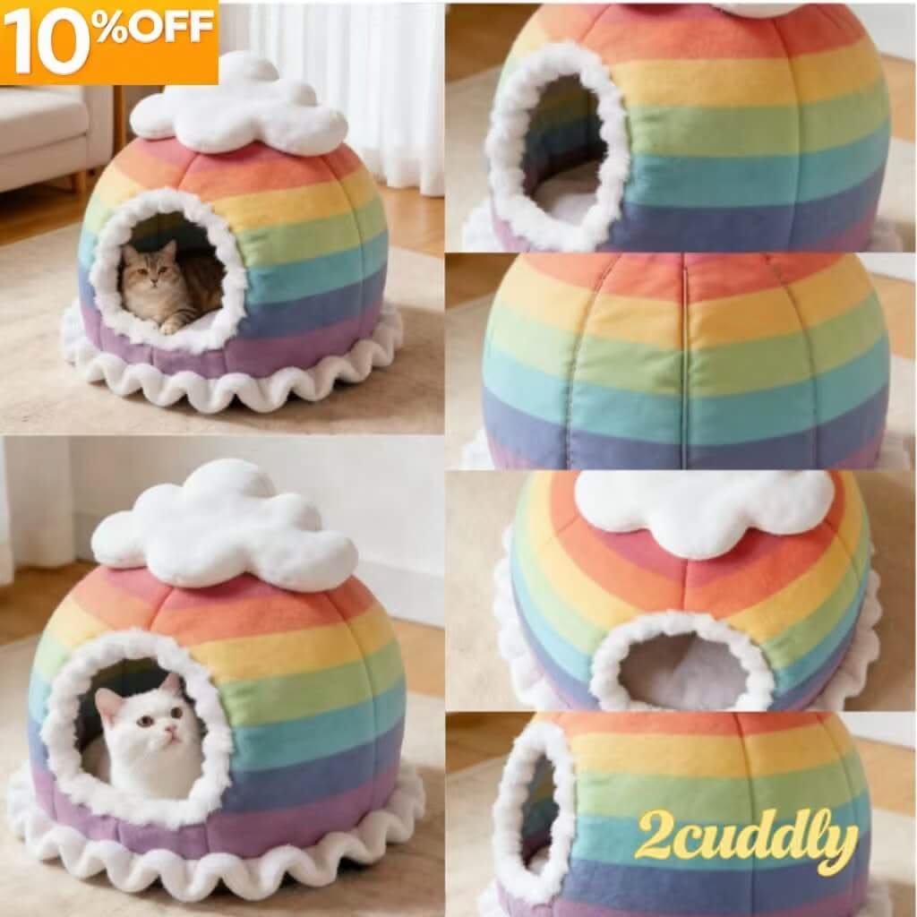 Colorful Rainbow Pet Cave Bed for Cats - Cloud Decor, Ruffled, Plush, Cozy Hiding Spot, All-Season