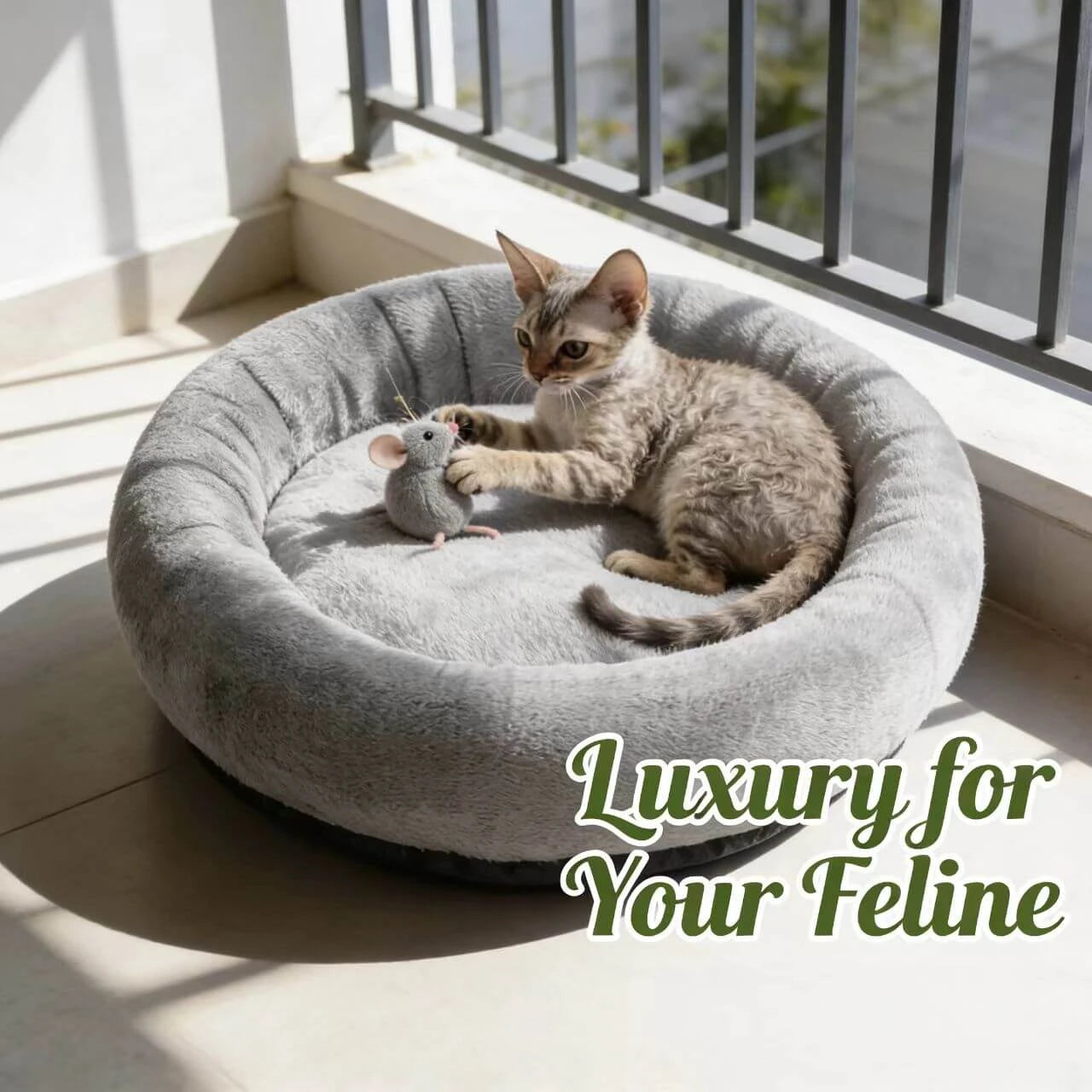 Soft Calming Pet Bed for Cats - Donut Design, Plush Material, Grey Round Nest