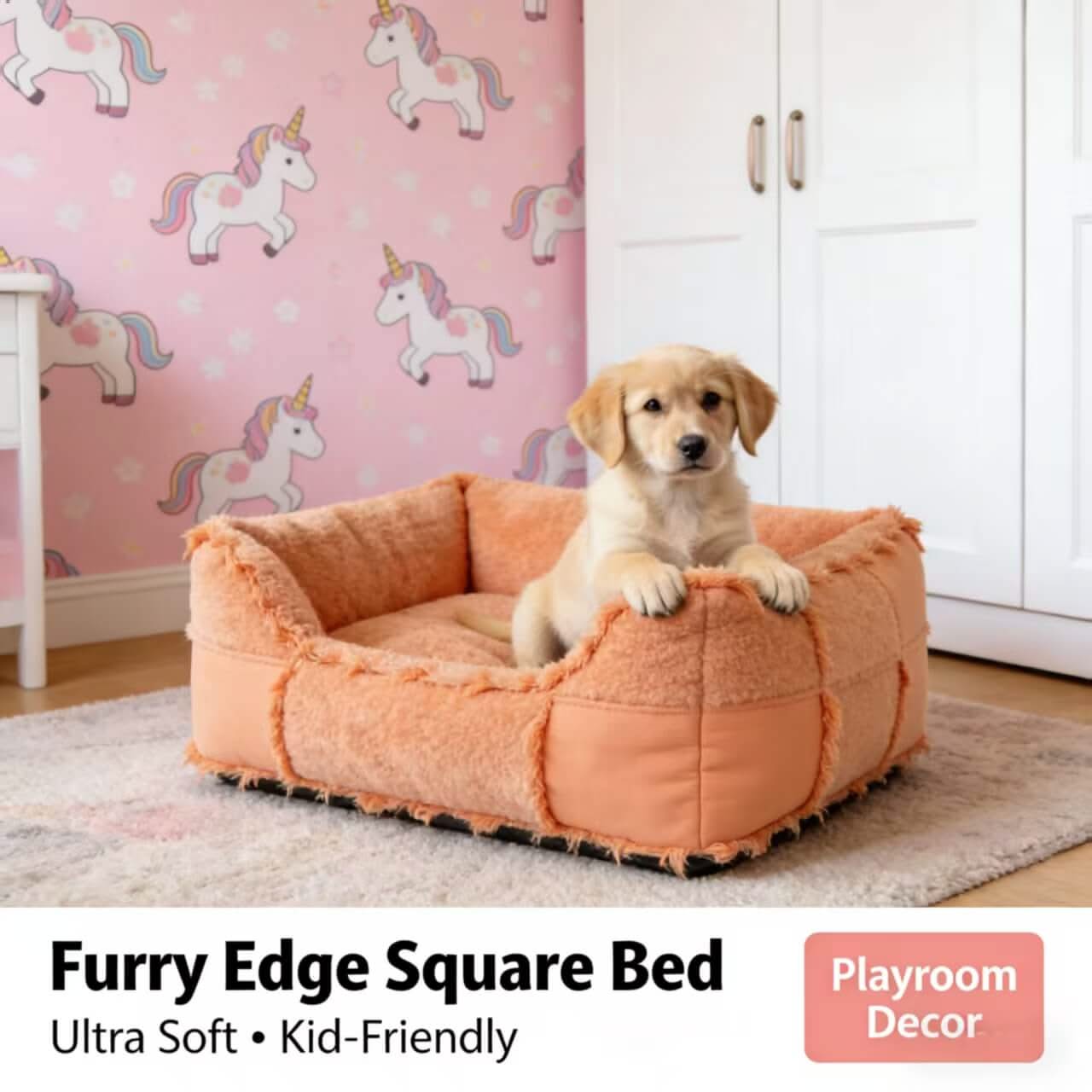 Ultra Soft Pet Bed for Dogs - Orange, Square, Furry Edge, Kid-Friendly Playroom Decor