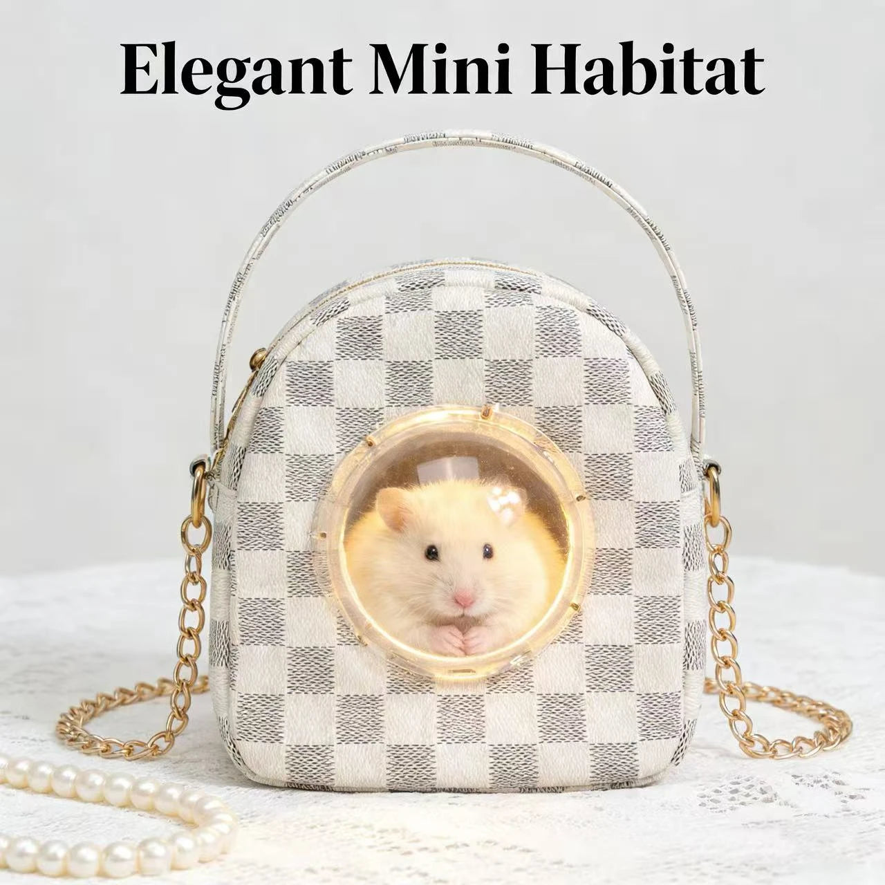 Portable Travel Hide Hamster Carrier Nest for Hamsters - Checkerboard Clear Window Handheld/Crossbody Fabric