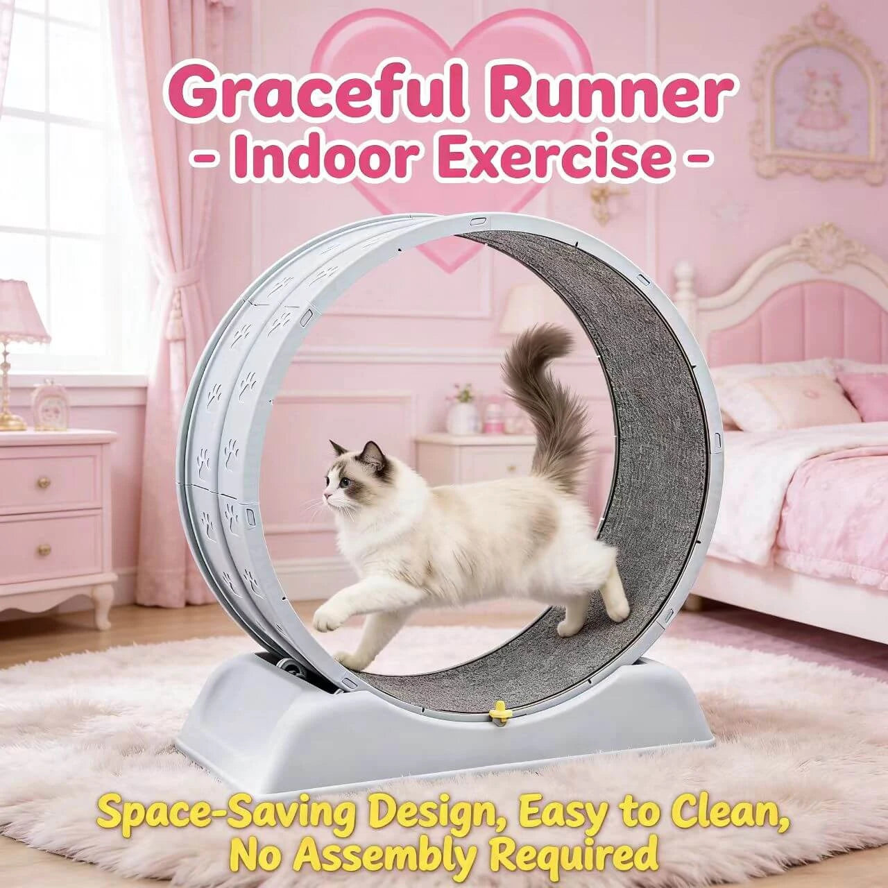 Quiet Cat Running Wheel - Carpeted Scratching Tread, White, Space-Saving Design