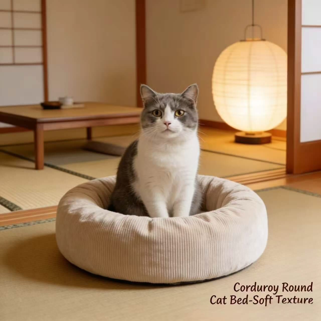 Corduroy Pet Bed for Cats - Beige, Round, Soft Fabric, Cozy Cushion, All-Season