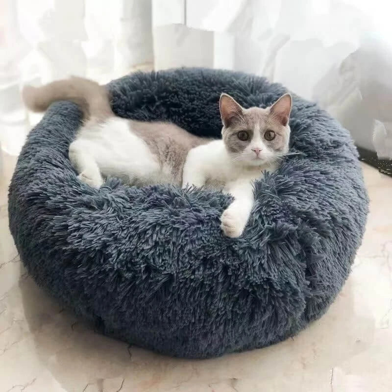 Soft Cozy Pet Bed for Cats - Donut Design, Shaggy Plush, Dark Grey Round Nest