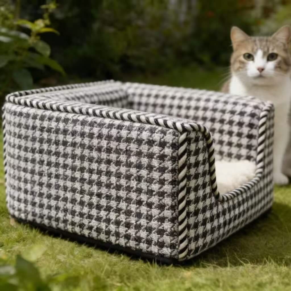 Stylish Cozy Pet Sofa for Cats - Black-White Houndstooth, Rope Trim, Plush Cushion