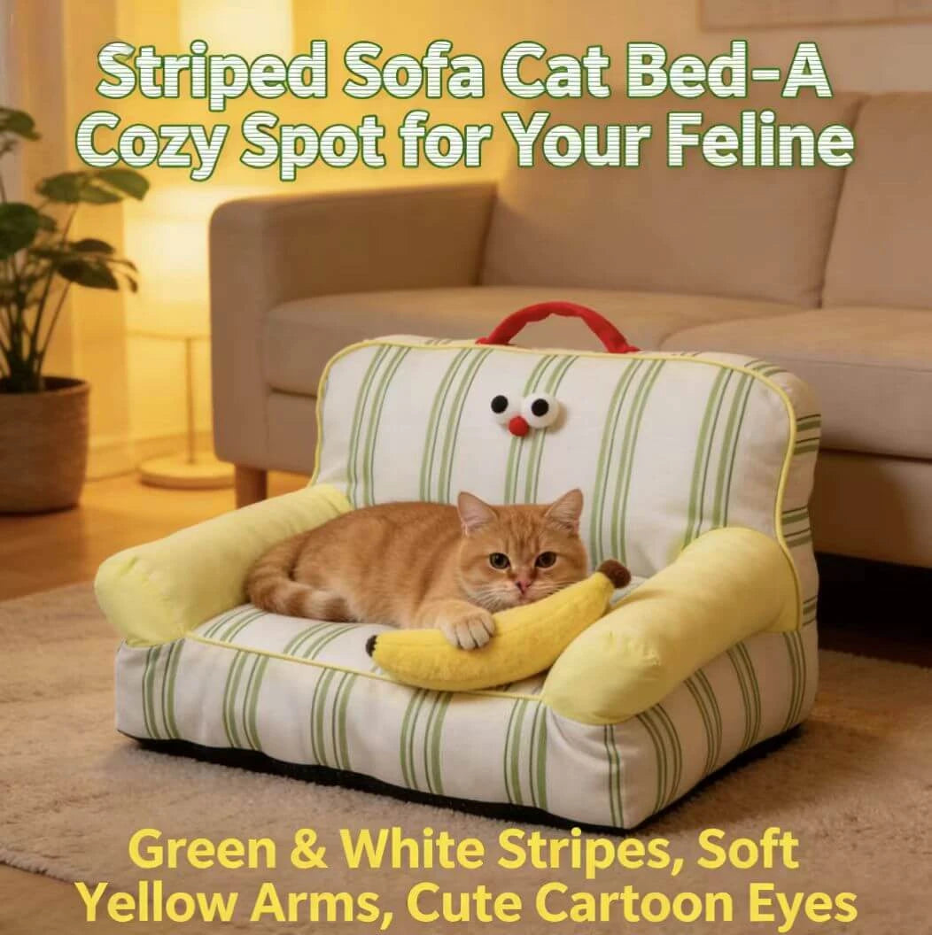 Soft Cushioned Pet Chair for Cats - Striped Linen, Cartoon Eyes, White/Green Rest Sofa