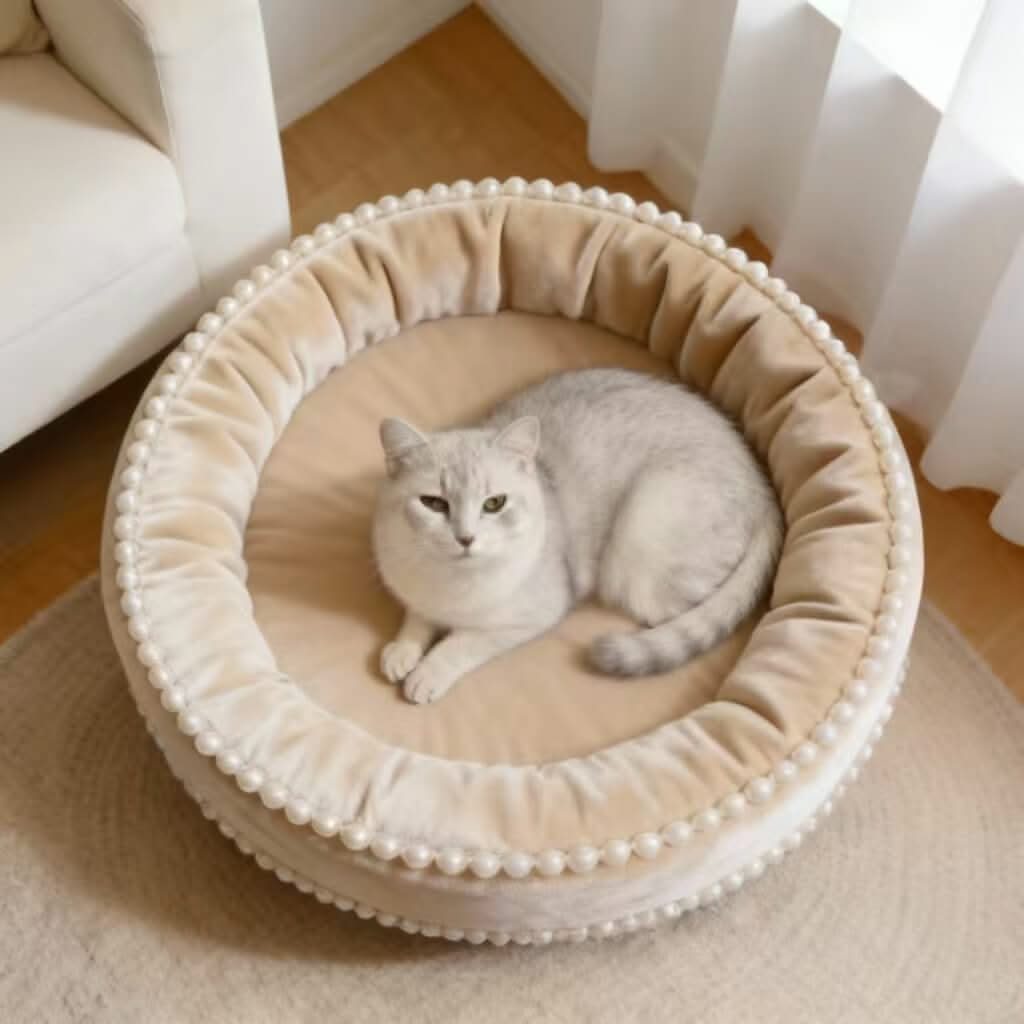 Luxury Pet Bed for Cats - Beige, Round, Pearl Trim, Soft Velvet Fabric