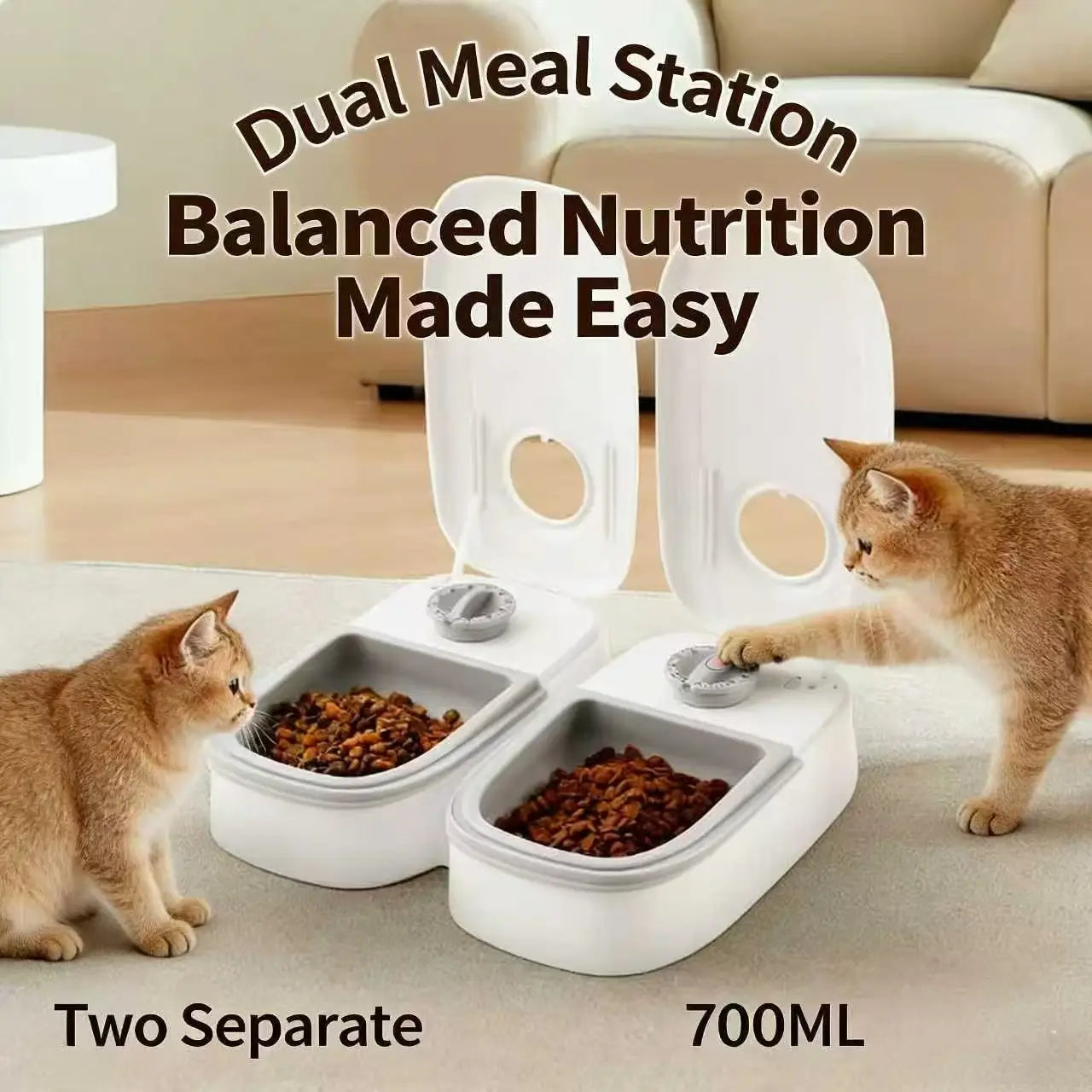 Lockable Cat Feeder: Dual Meal Station, 700ML Capacity (White)