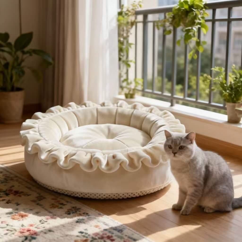 Cozy Ruffled Pet Bed for Cats- Soft Velvet, Round Cushion, Beige, All-Season