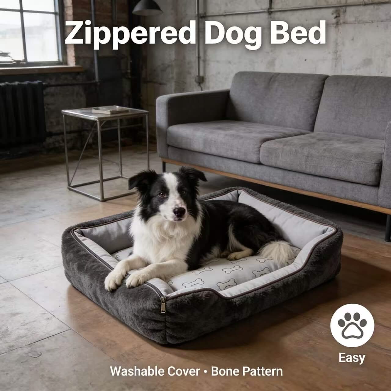 Zipped Pet Bed for Dogs - Washable Cover, Bone-Print, Gray, Soft Cushion, All-Season