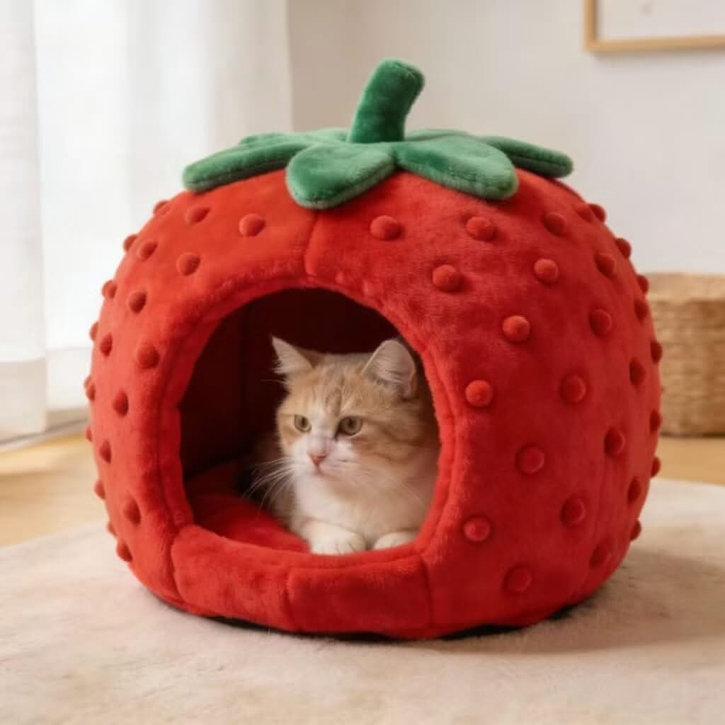 Strawberry-Shaped Pet Cave Bed for Cats - Red-Green, Plush, Cute Dot Decor