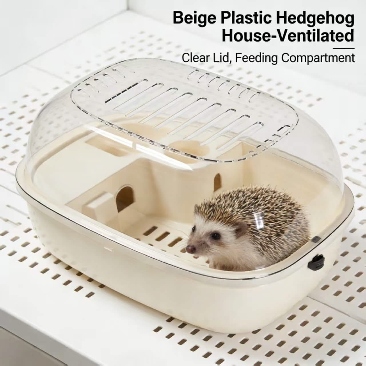 Ventilated Beige Plastic Hedgehog House: Clear Lid, Feeding Compartment for Hedgehogs