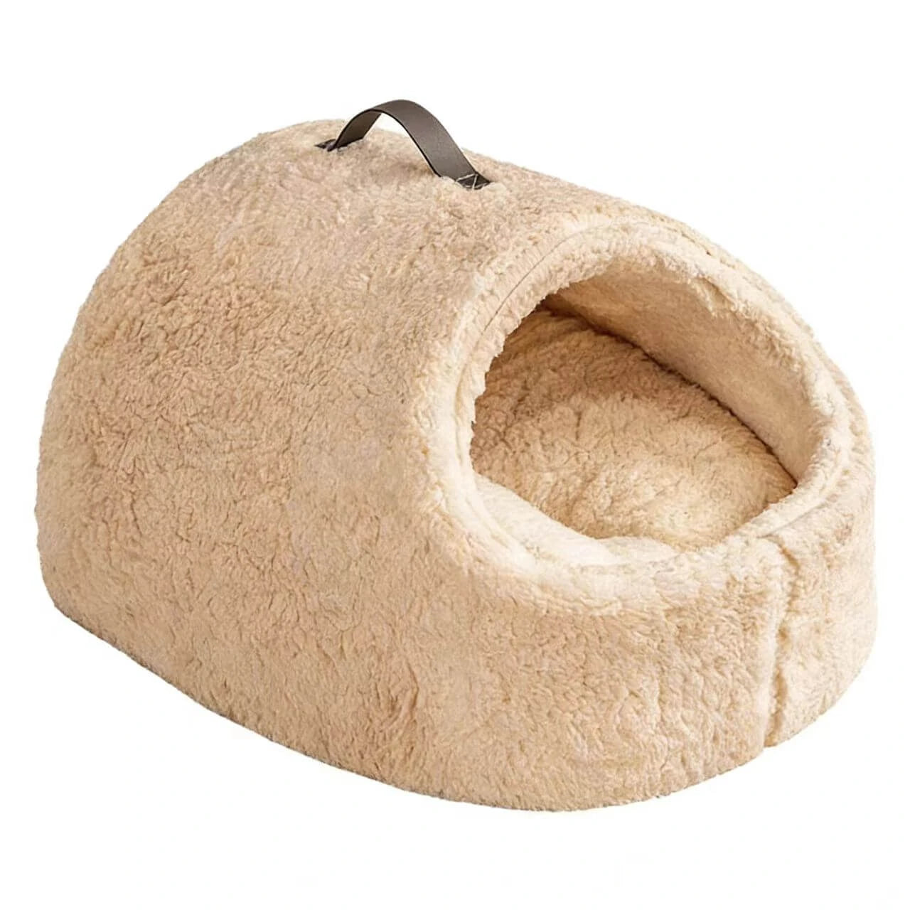 Warm Enclosed Cat Bed - Sherpa Fabric, Beige Cave-Style, Portable Handle Rest Nest