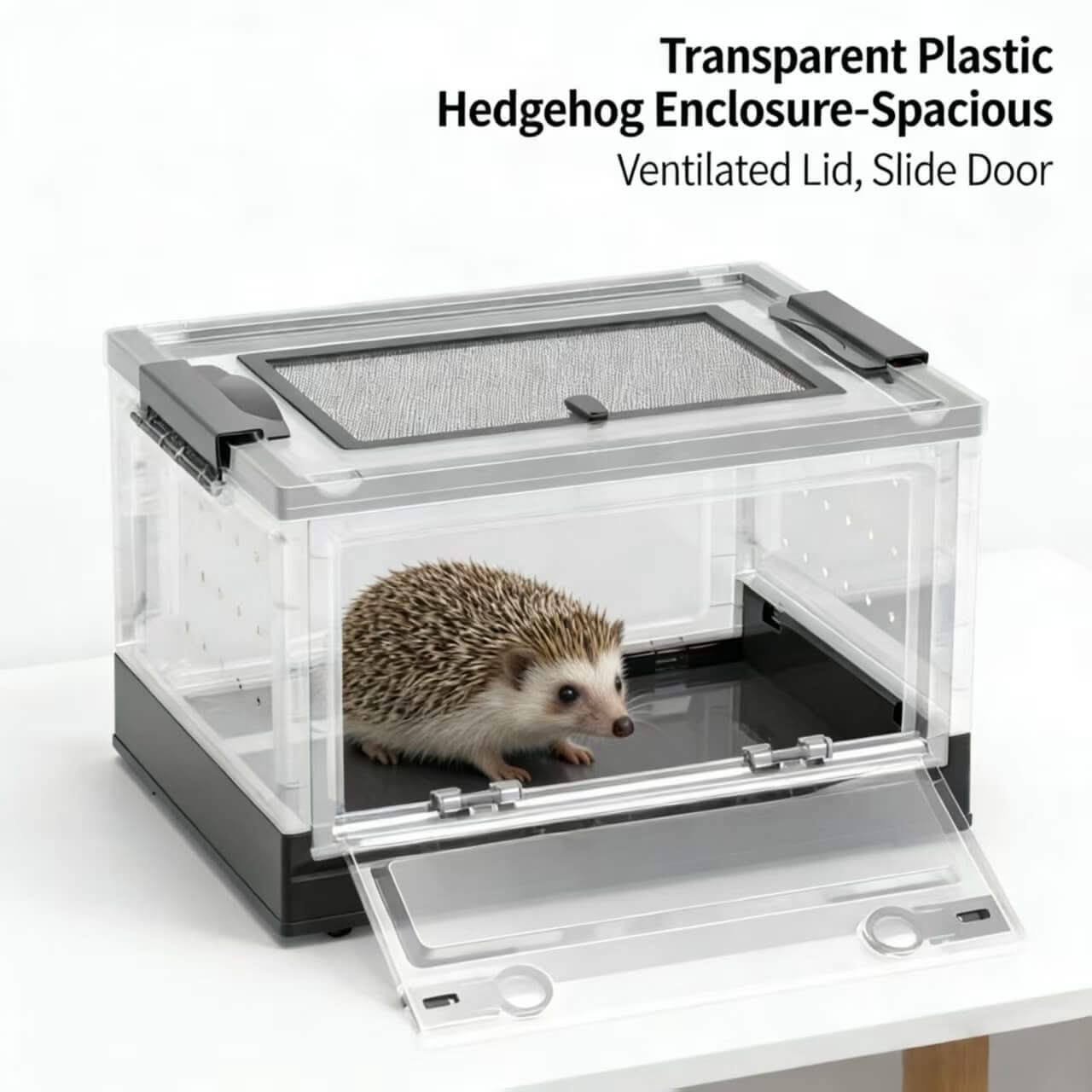 Spacious Transparent Hedgehog Enclosure: Ventilated Lid & Easy-Access Slide Door (Plastic)
