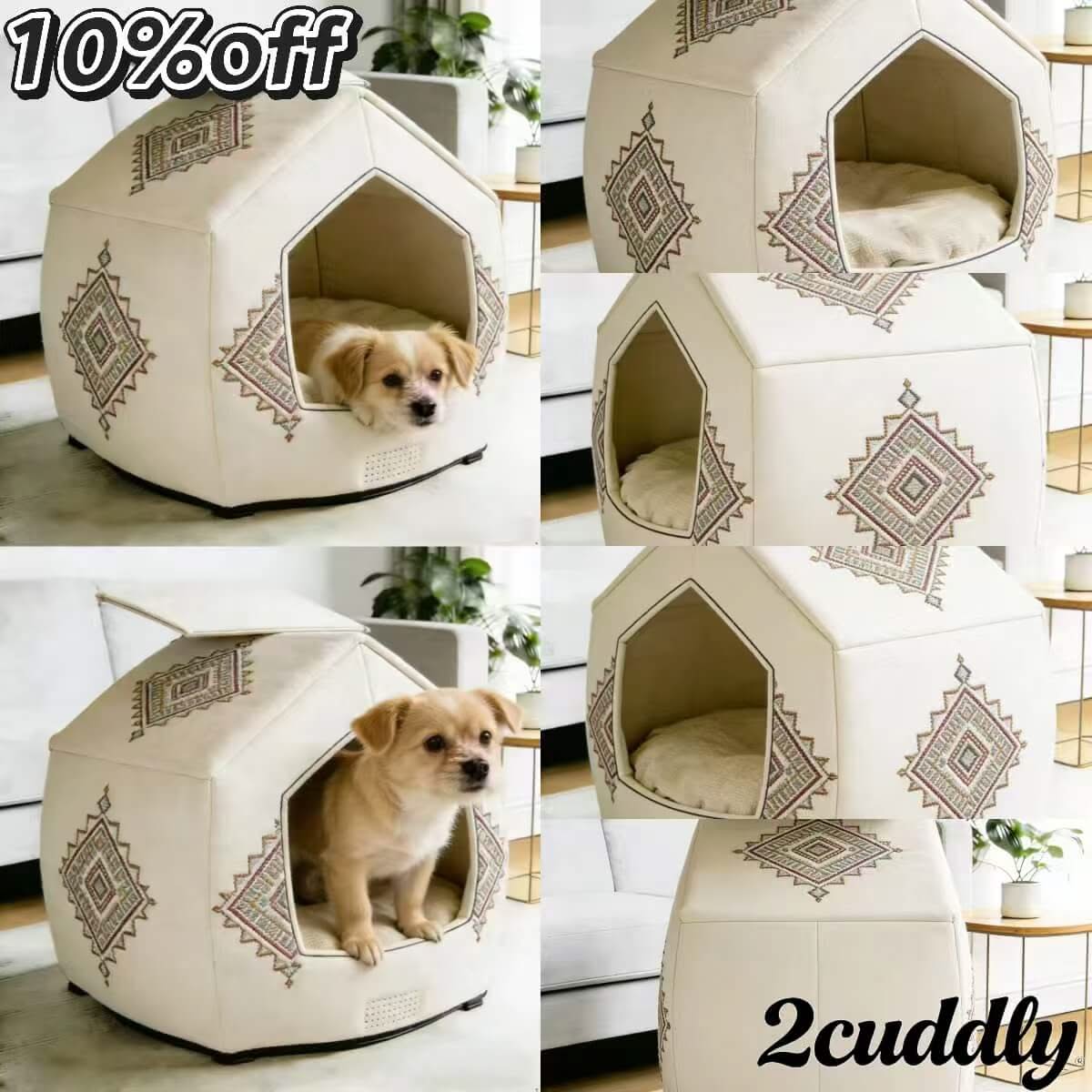 Dog Bed, Hexagon House Type, Beige, Washable Cover, Portable & Kid-Friendly Nest
