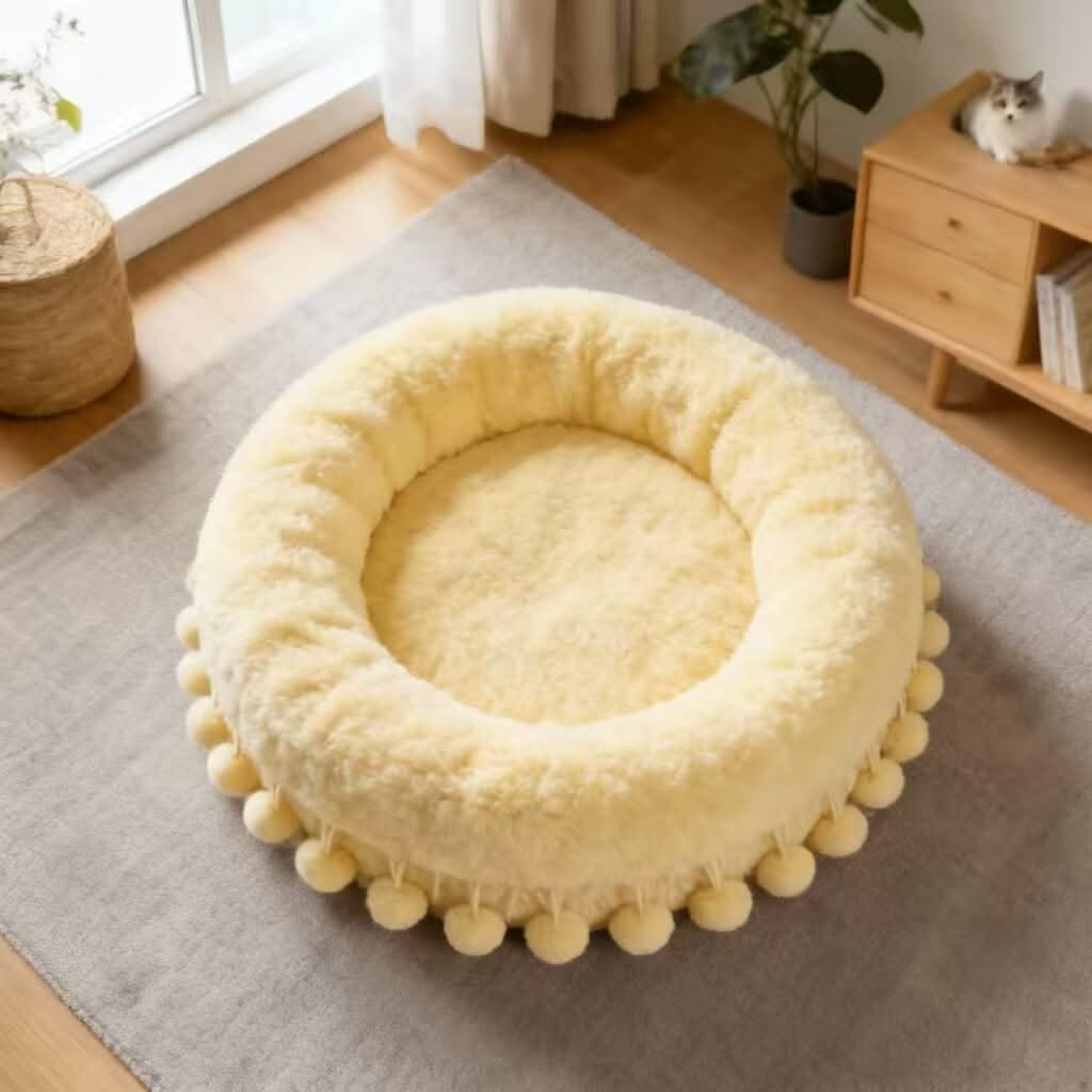 Plush Cozy Pet Bed for Cats - Cream, Round, Pom-Pom Trim, Soft Fleece Fabric