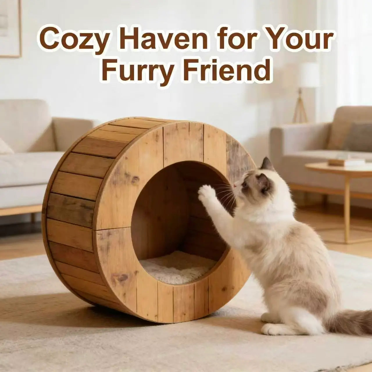 Rustic Round Wooden Cat Cave: Cozy Hideaway with Cushion, for Indoor Cat Comfort