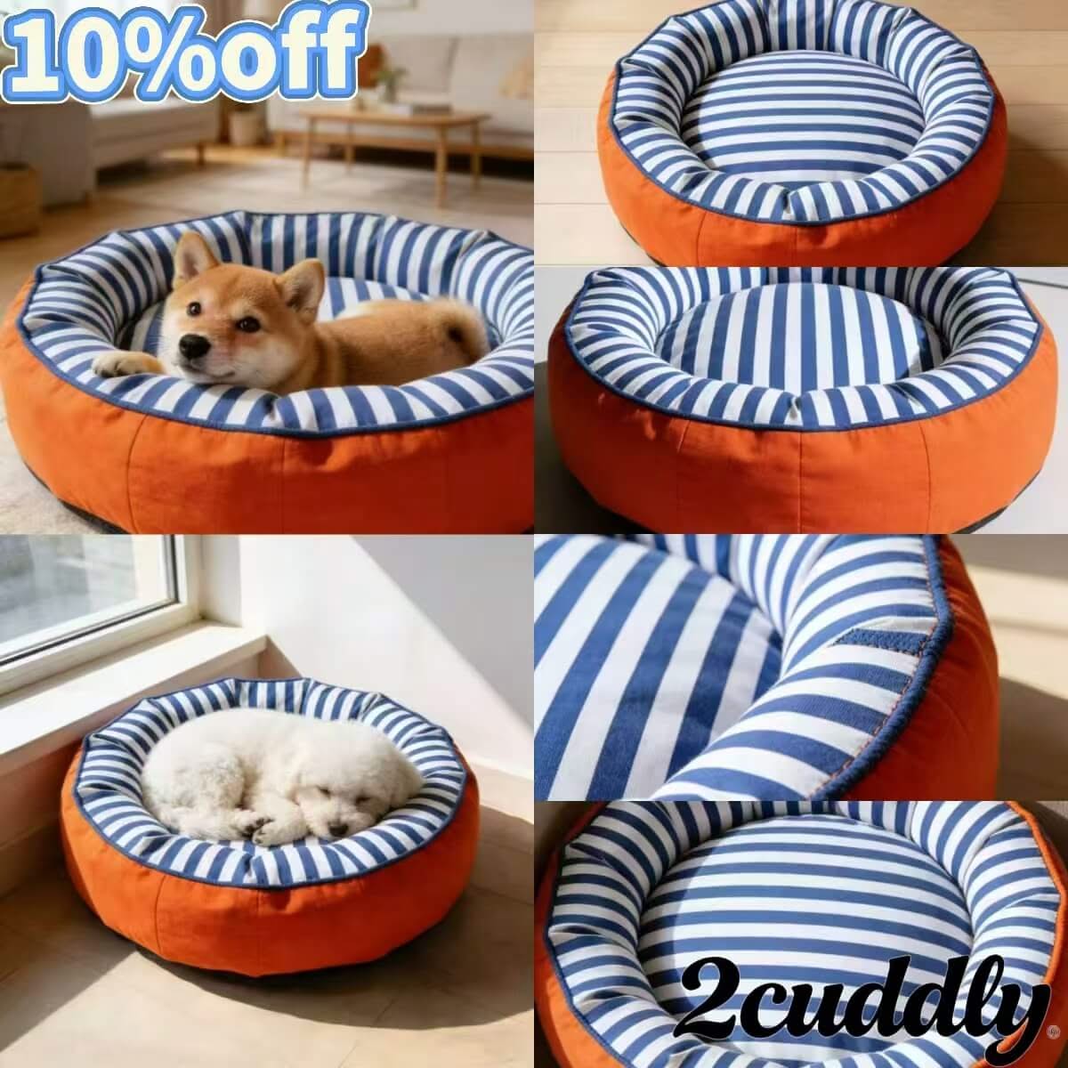 Striped Contrast Round Dog Bed , Orange/Blue Cozy Design for Small-Medium Dogs