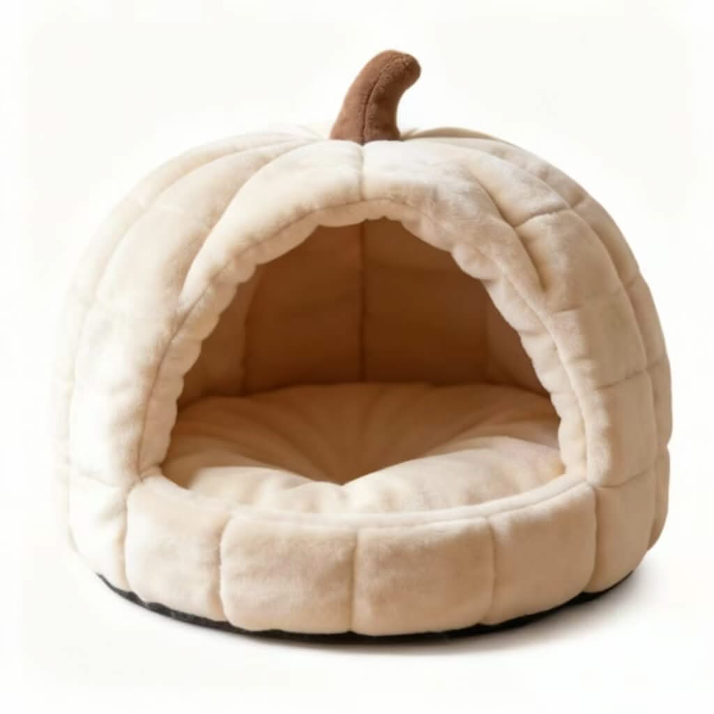 Adorable Pumpkin Pet Cave Bed for Cats- Plush, Cozy Hiding Spot, Beige, All-Season