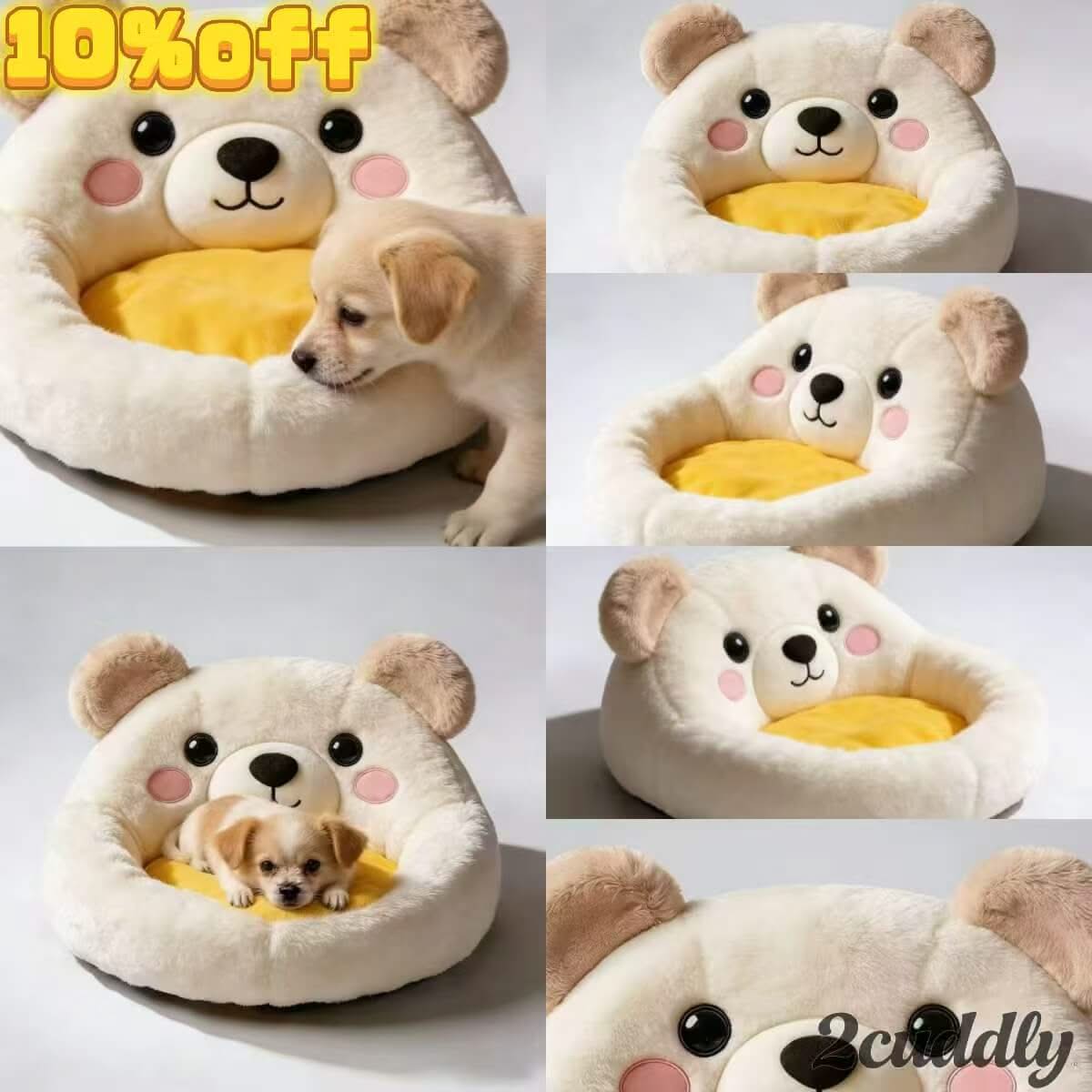 Cartoon Bear-Face Pet Bed for Dogs - Soft Fleece, White-Yellow, Cute, Cozy Cushion, All-Season