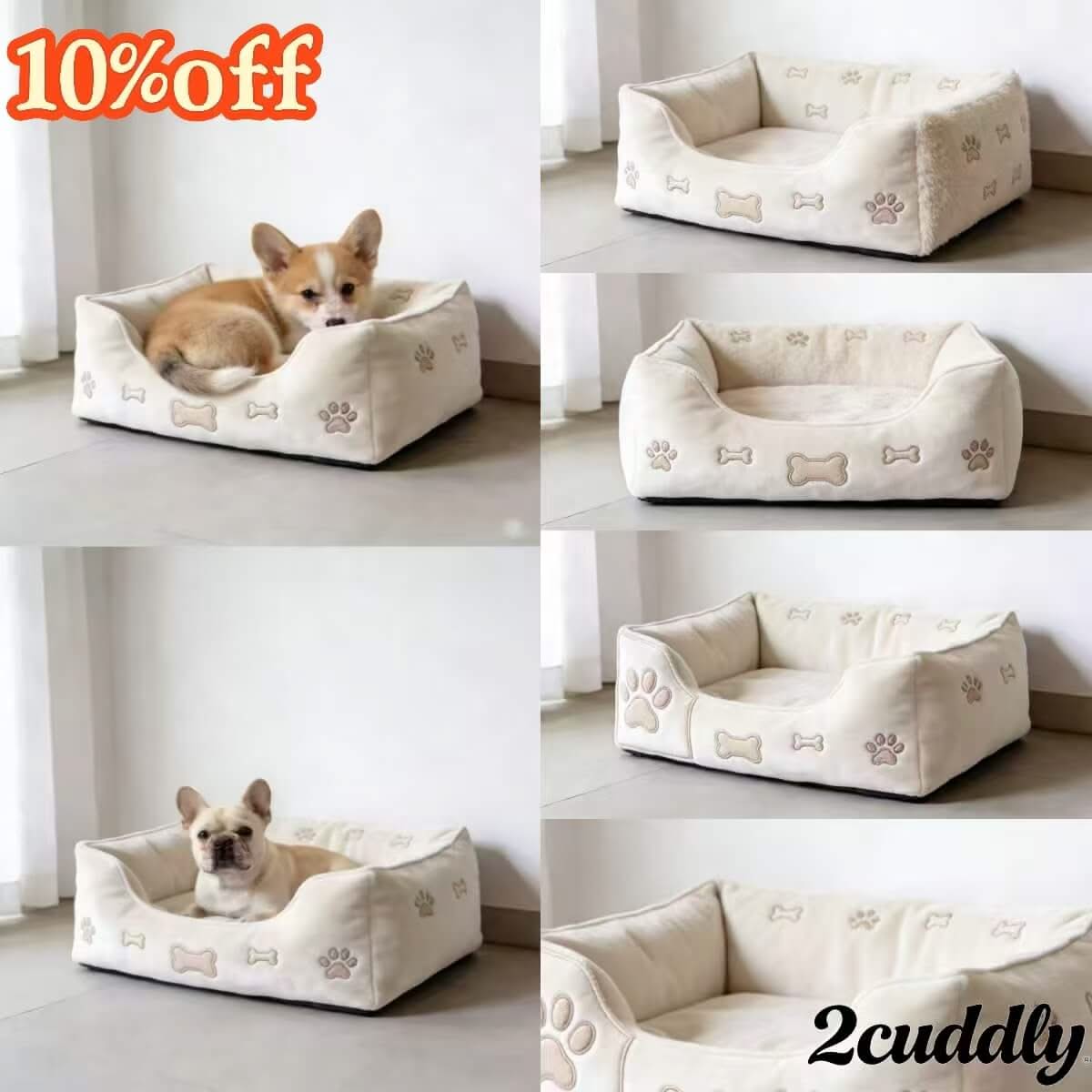 Balcony-Relax Pet Bed for Dogs - Square, Beige, Paw/Bone Embroidery, Garden-Style