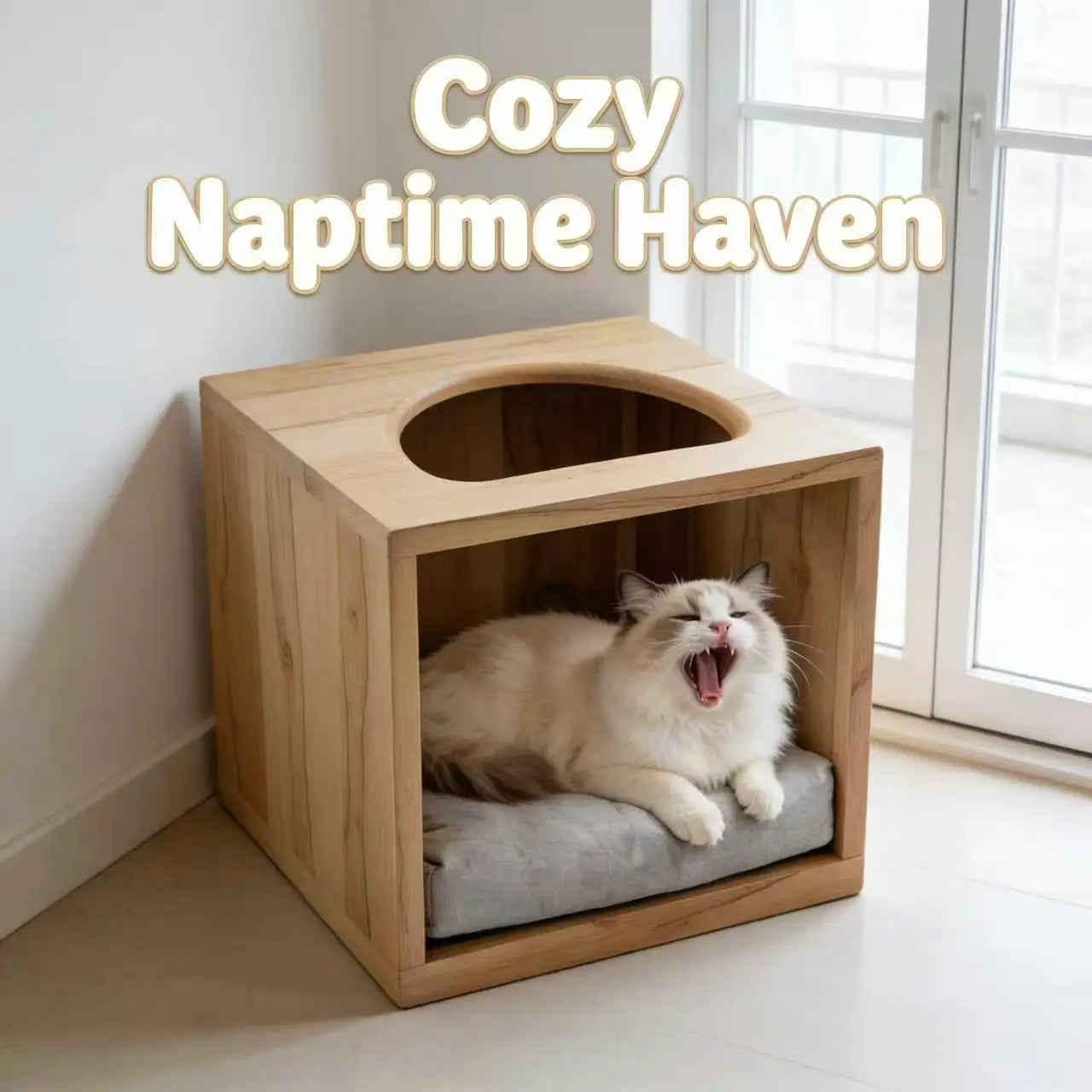 Minimalist Wooden Cat Cube Bed: Multi-Functional Furniture with Cushion for Modern Homes & Cats