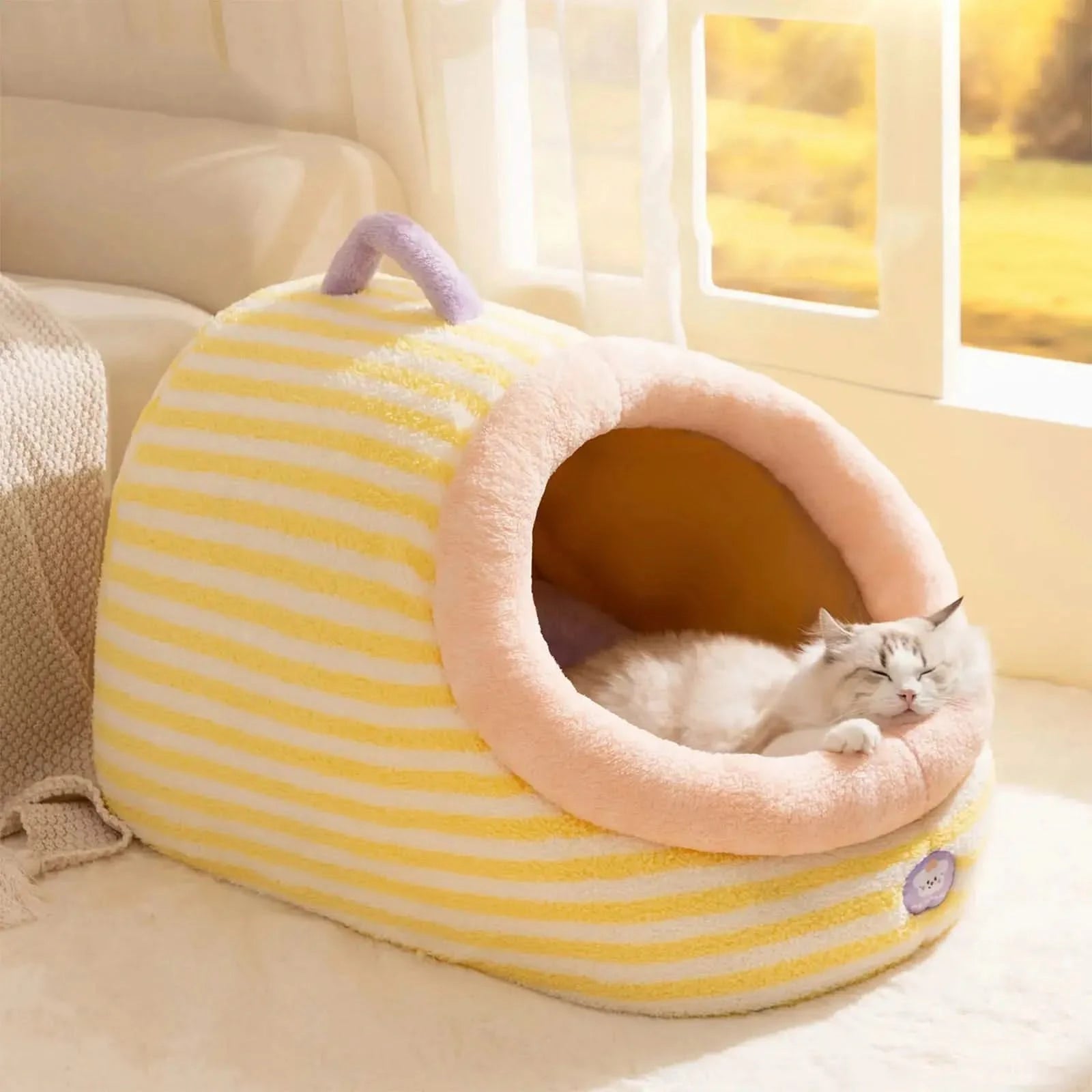 Soft Plush Cat Cave Bed House, Removable Washable Cushion, All Seasons