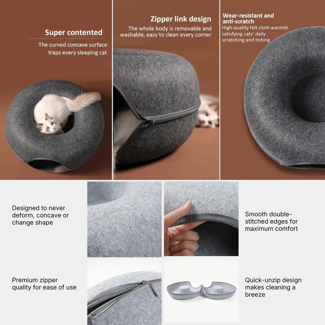 Upgraded Thickened Cat Bed for Cats - Visible Window, Zipper, Gray Felt Material