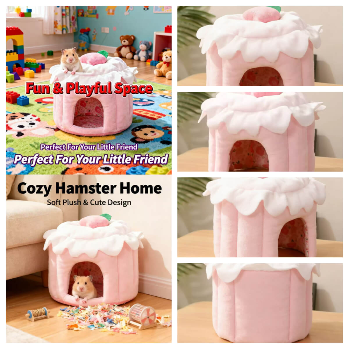 Cozy Soft Hamster Nest For Dwarf/Syrian Hamsters - Peach Cake Design, Pink Plush