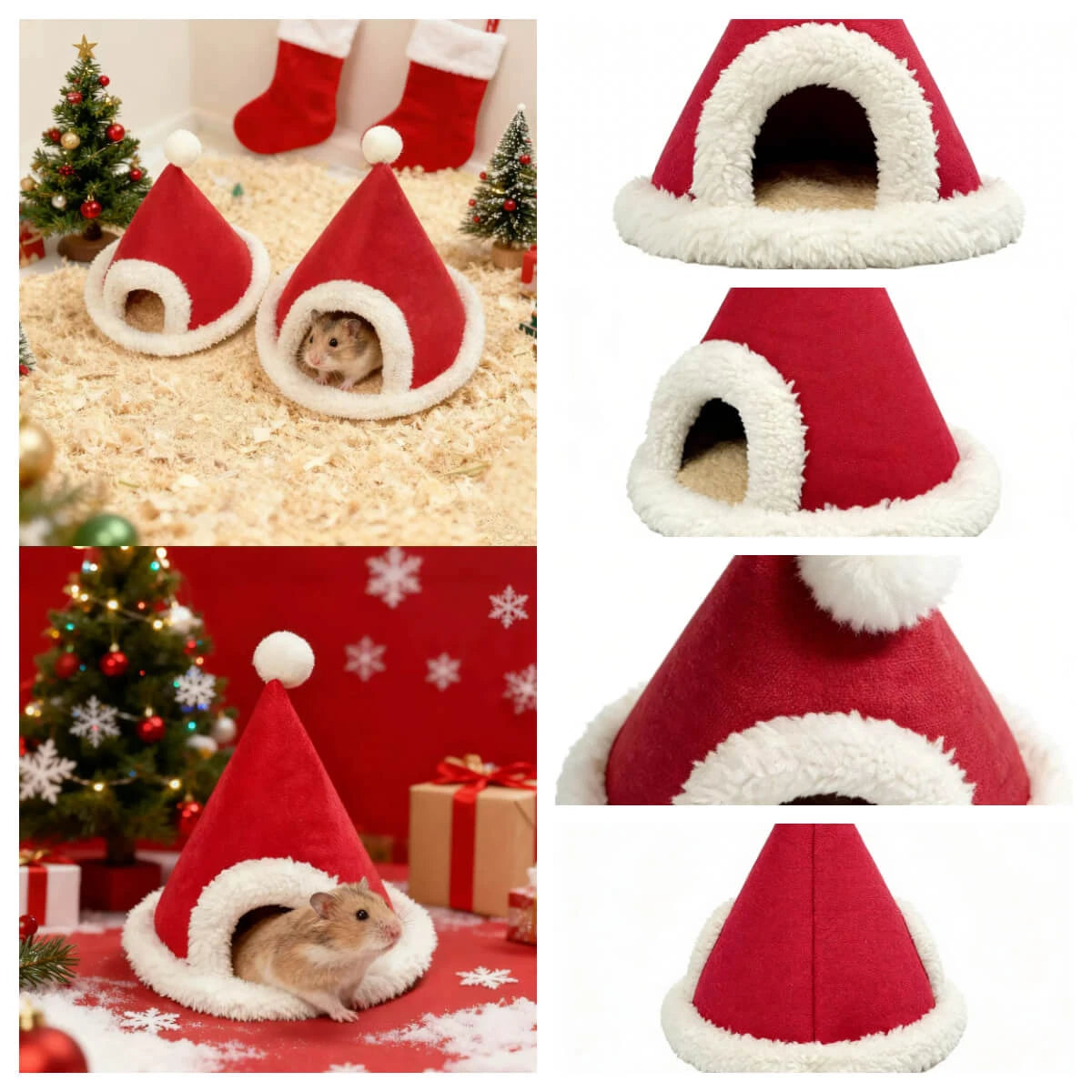 Warm Festive Hamster Nest For Dwarf/Syrian - Santa Hat Design, Plush Lining, Red&White (Christmas Season)