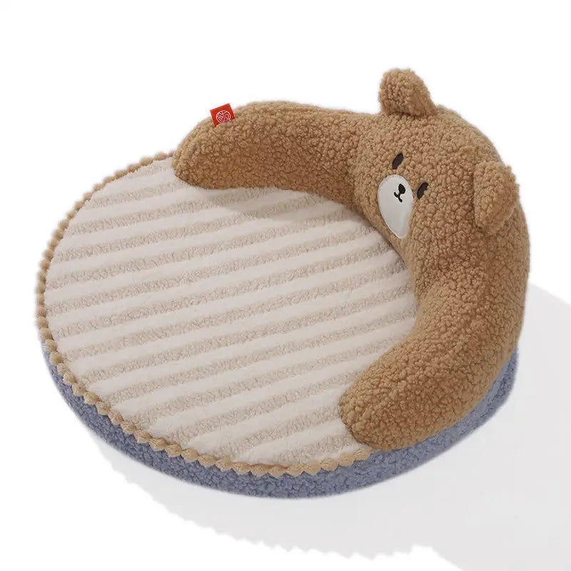 Teddy Bear Cat Bed: Cozy Rest, Striped Surface, Plush Design (Brown-Blue)