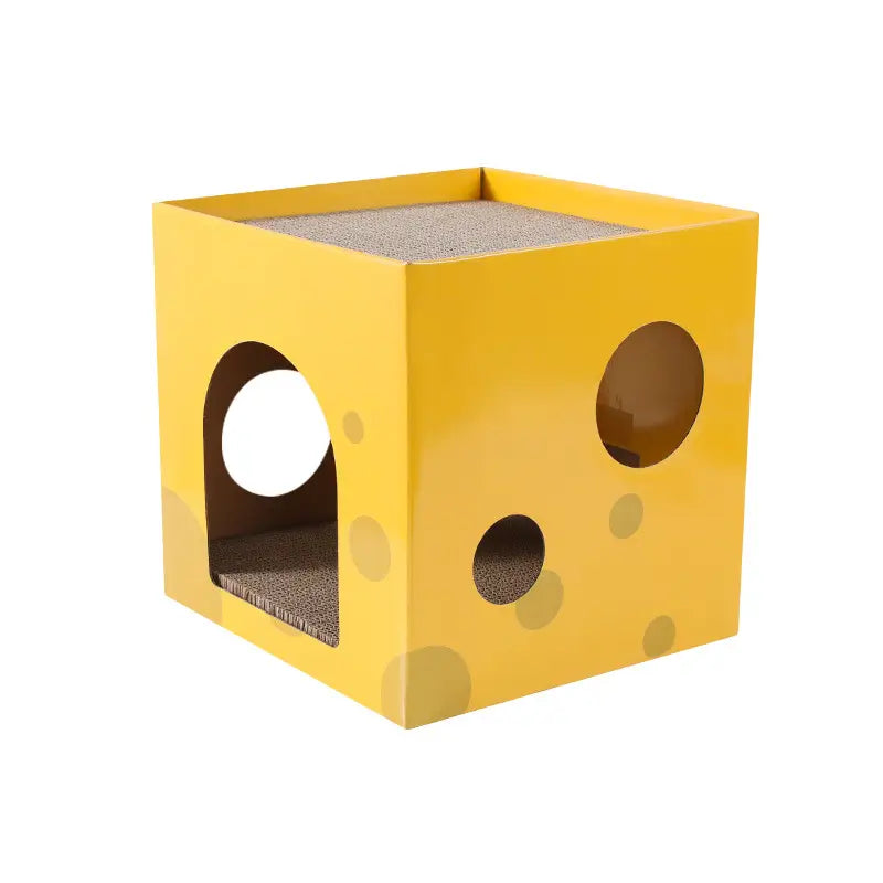 Cheese-Shaped Cat Scratcher: Rest & Scratch, Hideaway, Cardboard Surface (Yellow)