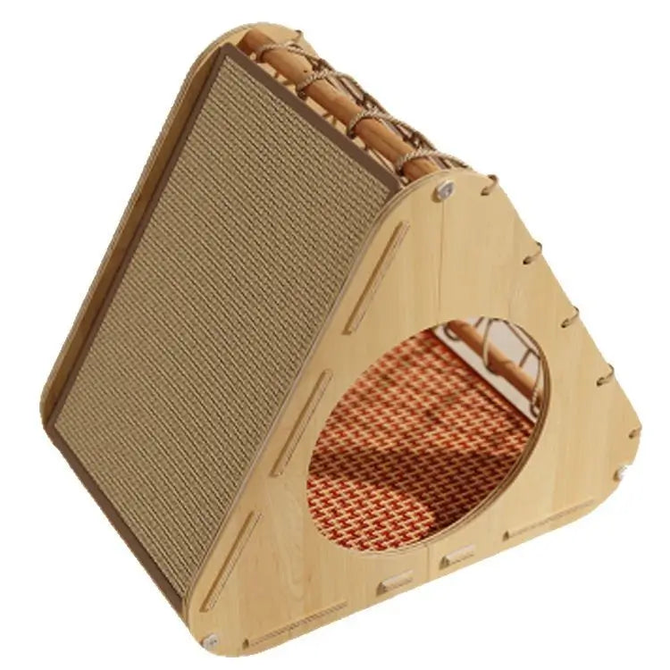Triangle Cat Scratcher: Hideaway & Scratch, Wooden Frame, Durable Surface (Beige-Red)