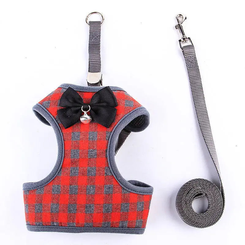 Escape-Proof Cat Harness & Leash: Buffalo Plaid Print, Bow & Bell Accent