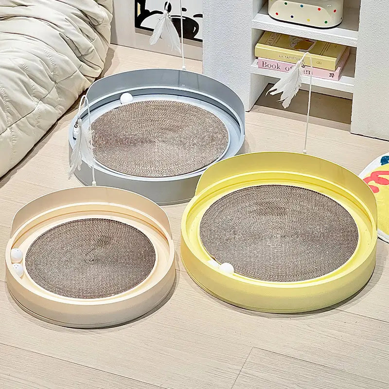 Round Cat Scratcher Set: Interactive Toys, Durable Surface, Multi-Color (Beige/Yellow/Grey)