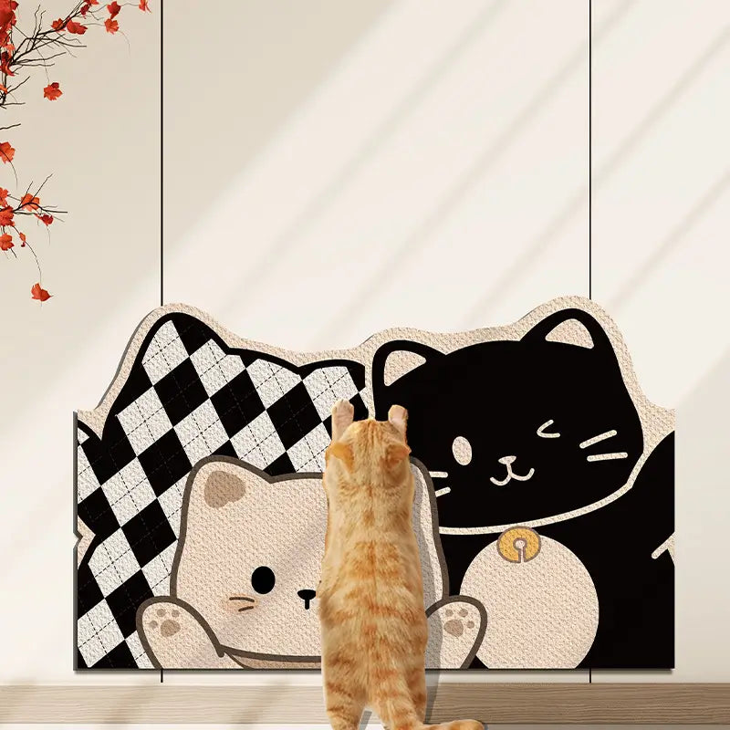 Cartoon Cat Wall-Mounted Cat Scratcher: Cute Design, Durable Surface, Black-White Pattern