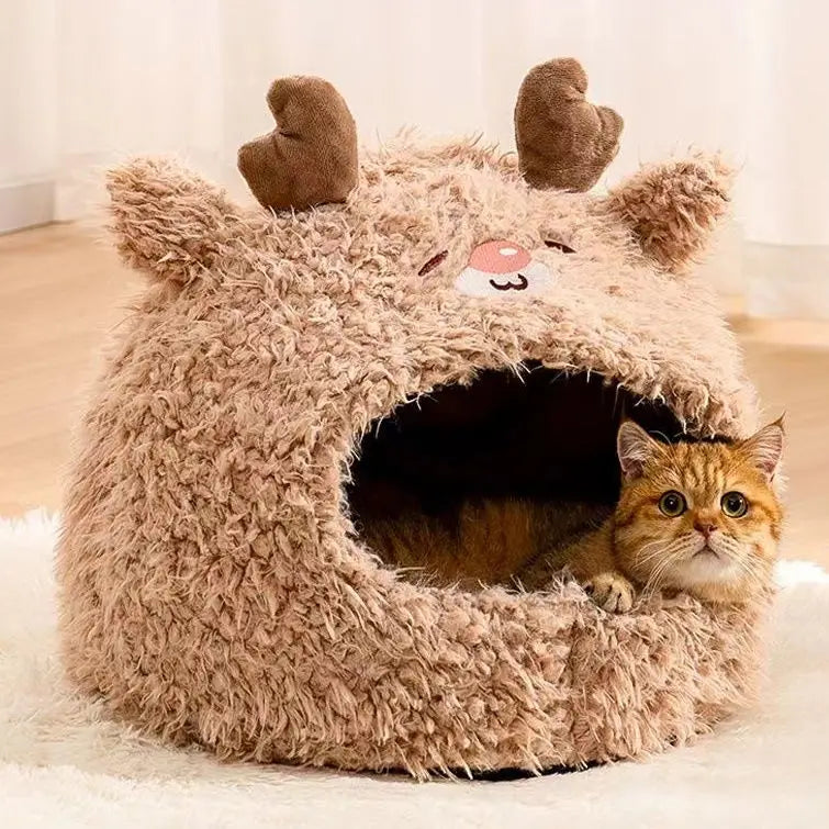 Warm Enclosed Cat Bed: Reindeer Design, Fluffy Plush Fabric (Brown, Winter)