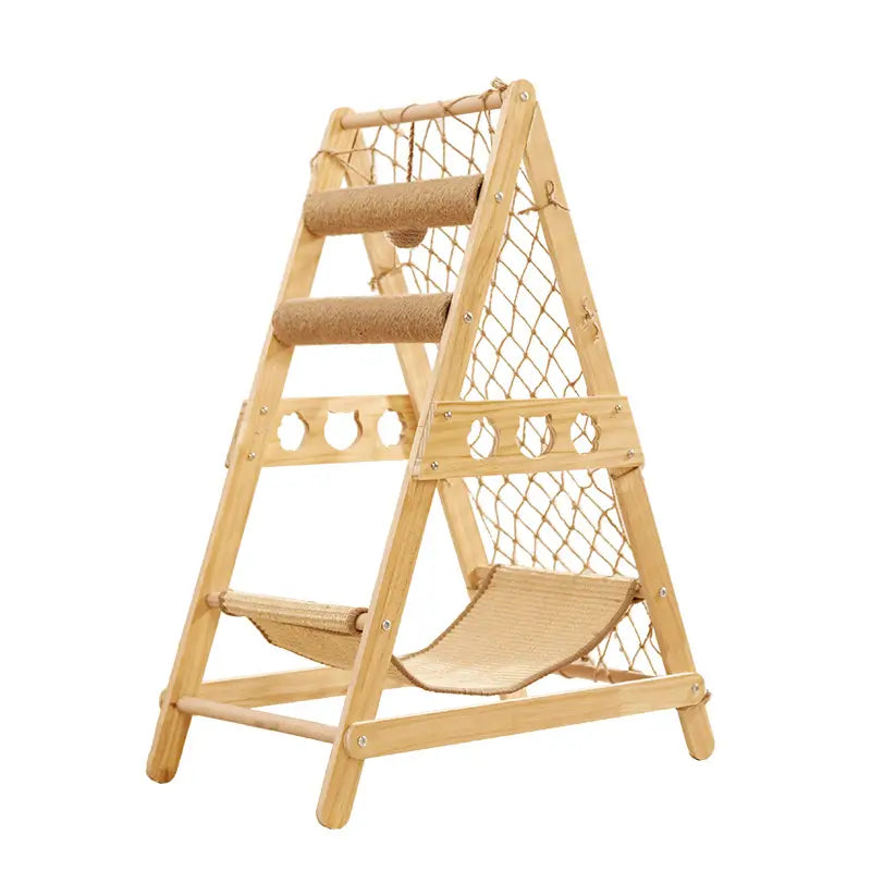 A-Frame Cat Scratcher: Multi-Zone, Hammock & Net, Wooden Design (Natural Beige)