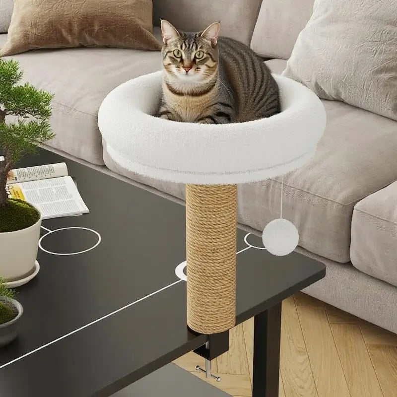 Table-Mounted Cat Scratcher: Rest & Scratch, Interactive Toy, Space-Saving (White-Beige)