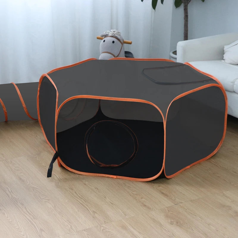 Spacious Tent-Style Cat Tunnel: Black & Orange Mesh, Roomy Play Space for Cats