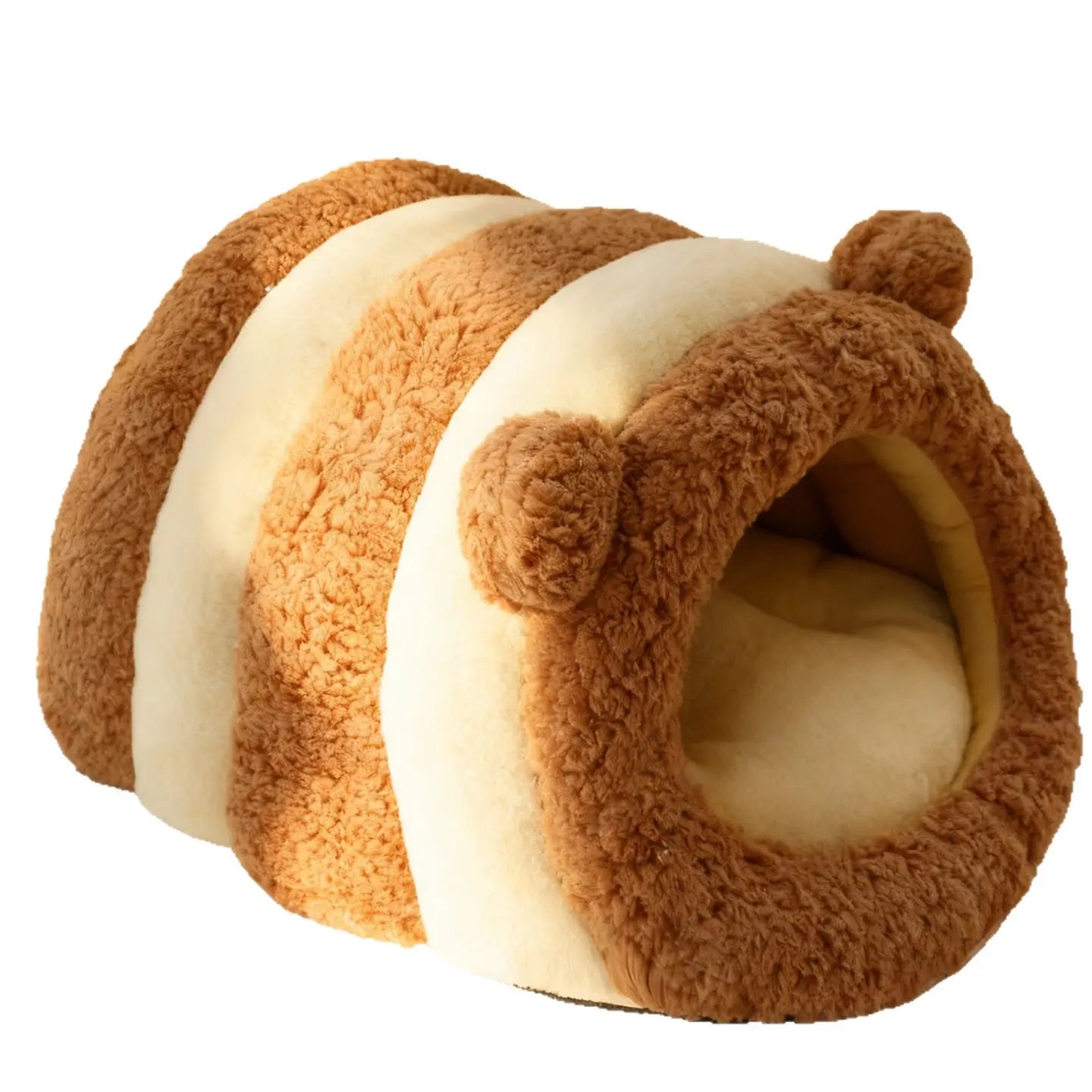 Bear-Ear Cat Bed: Cozy Hideaway, Striped Plush Surface (Brown-Beige)