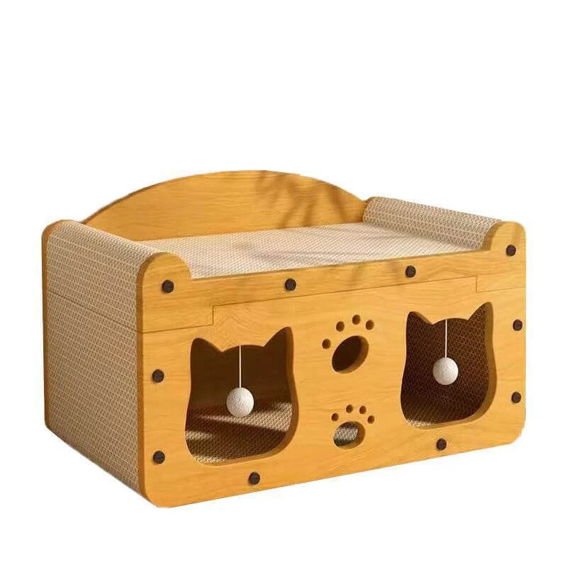 Cat Bed Scratcher, Sisal, Cat-Shaped Holes, Pom-Pom Toys, Rest & Claw Care for Cats