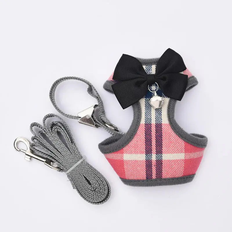 Escape-Proof Cat Harness & Leash: Plaid Print, Bow & Bell Accent