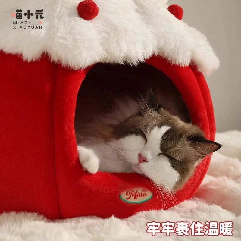 Adorable Strawberry Plush Pet Bed: Warm Cave House for Cats & Small Dogs