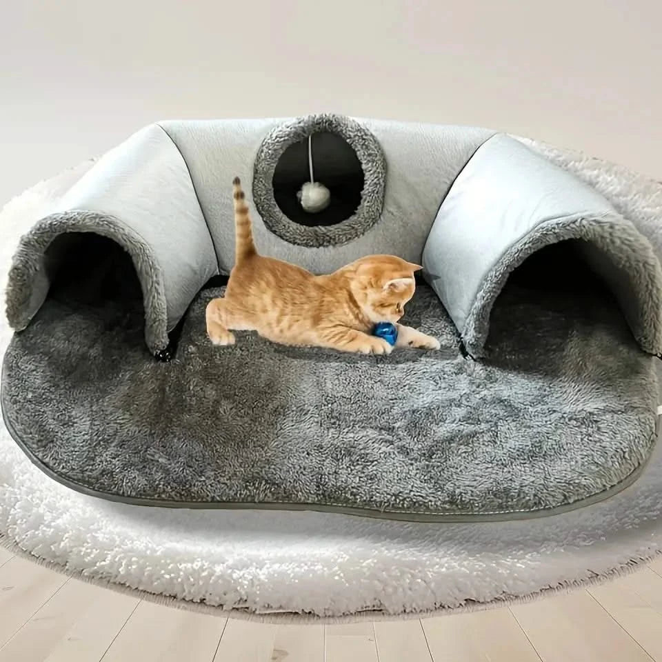 Versatile 3-in-1 Cat Tunnel Bed: Play Mat, Warm Nest, Anti-Slip
