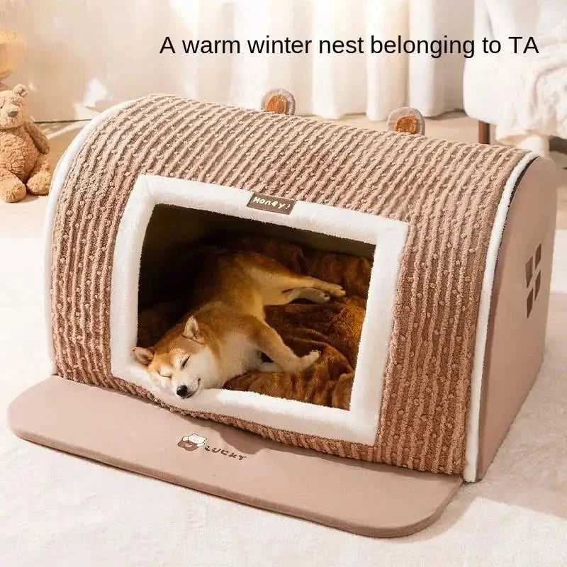 Cozy Bear Cave Pet Bed: Warm, Windproof, Plush for Dogs & Cats