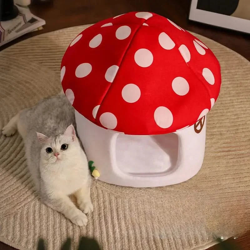 Cozy Half-Enclosed Mushroom Cat Bed: Adorable, Functional Pet Hideaway & Sleep House