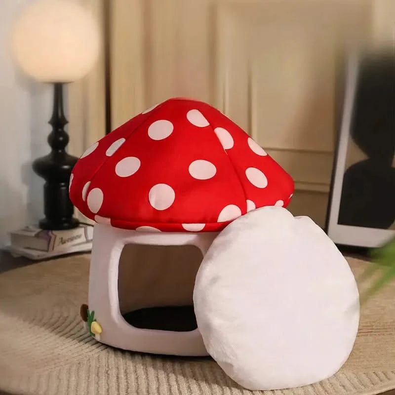 Cozy Half-Enclosed Mushroom Cat Bed: Adorable, Functional Pet Hideaway & Sleep House