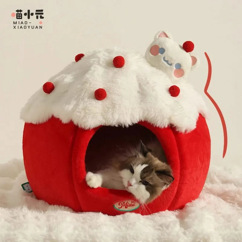 Adorable Strawberry Plush Pet Bed: Warm Cave House for Cats & Small Dogs