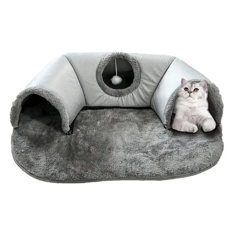 Versatile 3-in-1 Cat Tunnel Bed: Play Mat, Warm Nest, Anti-Slip